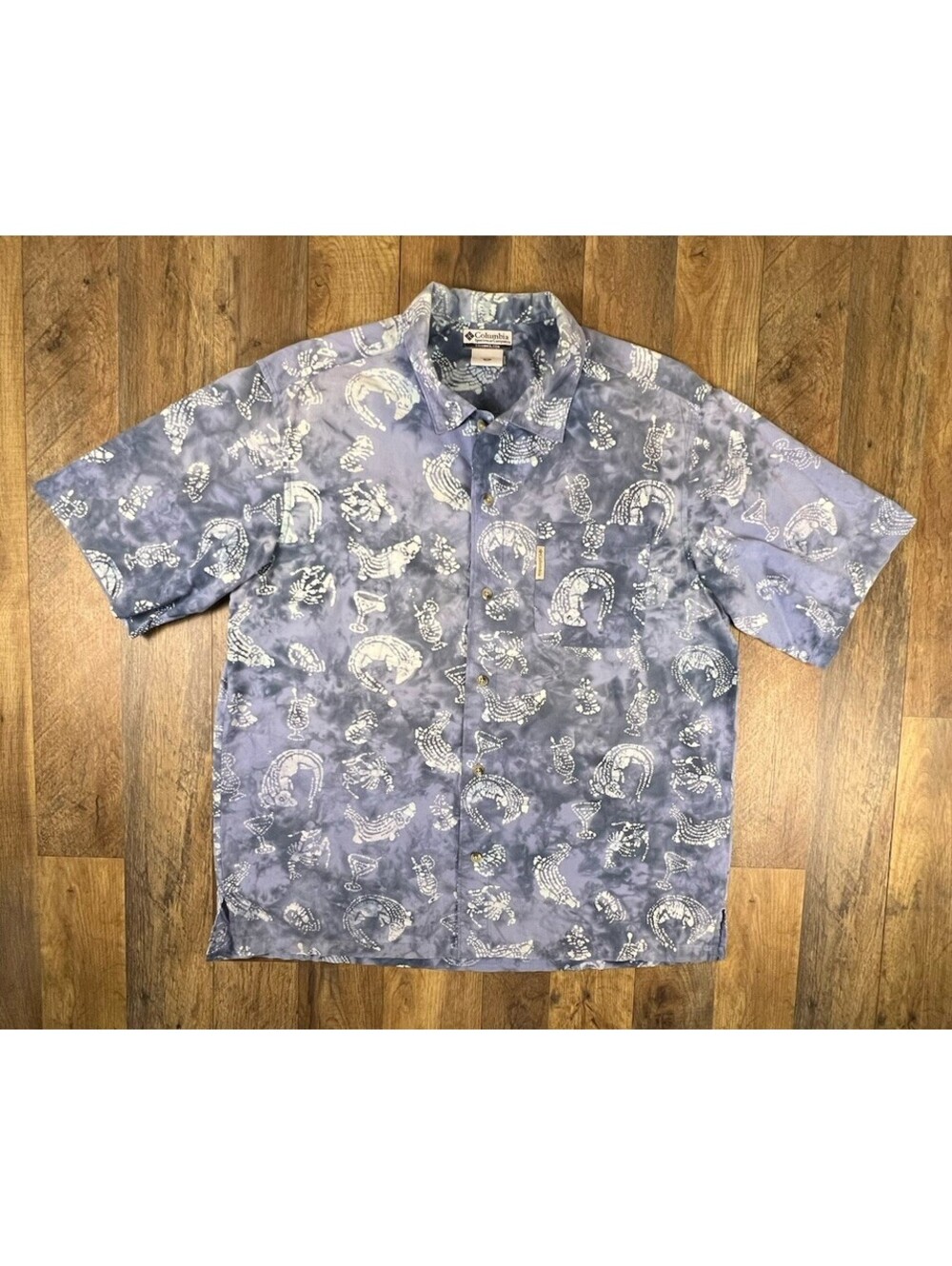 Columbia Mens Medium Fish Wave Floral Print Short Sleeve Button Down Shirt VTG M